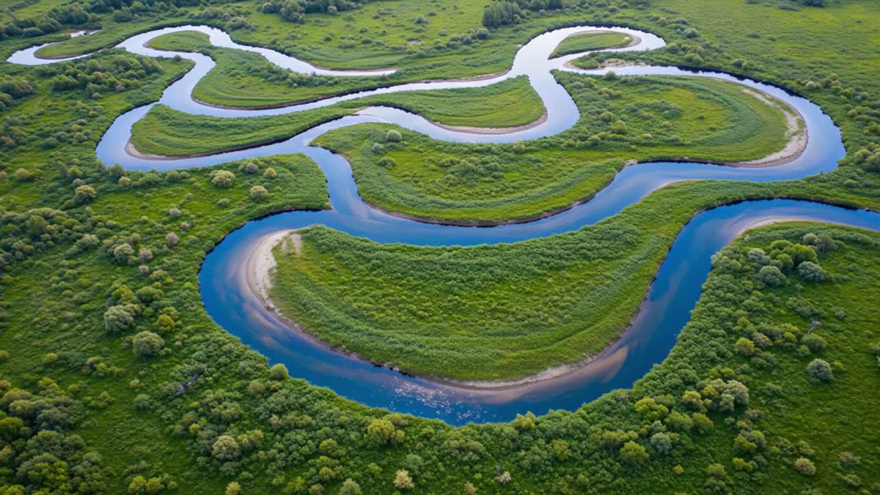 Aerial View of a Sinuous River Meandering Through Lush Greenery: A Captivating Landscape Showcasing Nature's Fluidity and Serenity