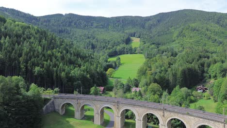 Semmering-Railway-World-Heritage-Unesco-Site-in-Austria-filmed-from-above-with-a-drone-in-4K-surrounded-by-forest