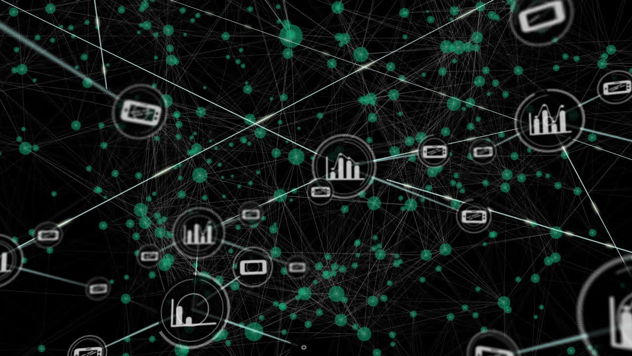 Animation of network of connections with icons over black background
