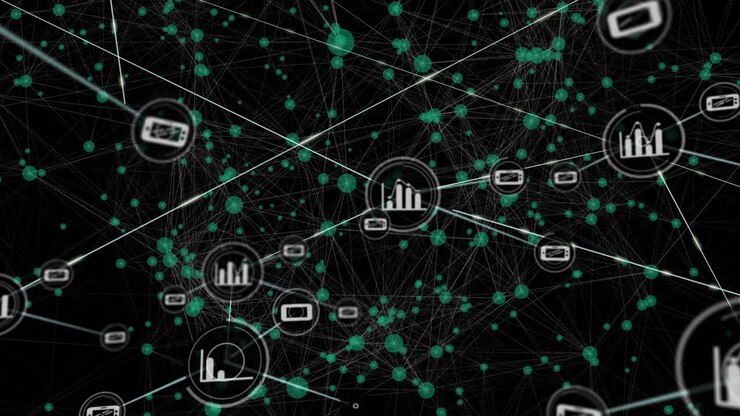Animation of network of connections with icons over black background