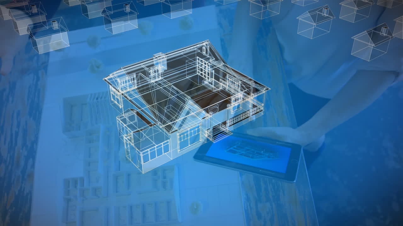 анимация цифровых моделей домов над кавказскими бизнесменами, разговаривающими.