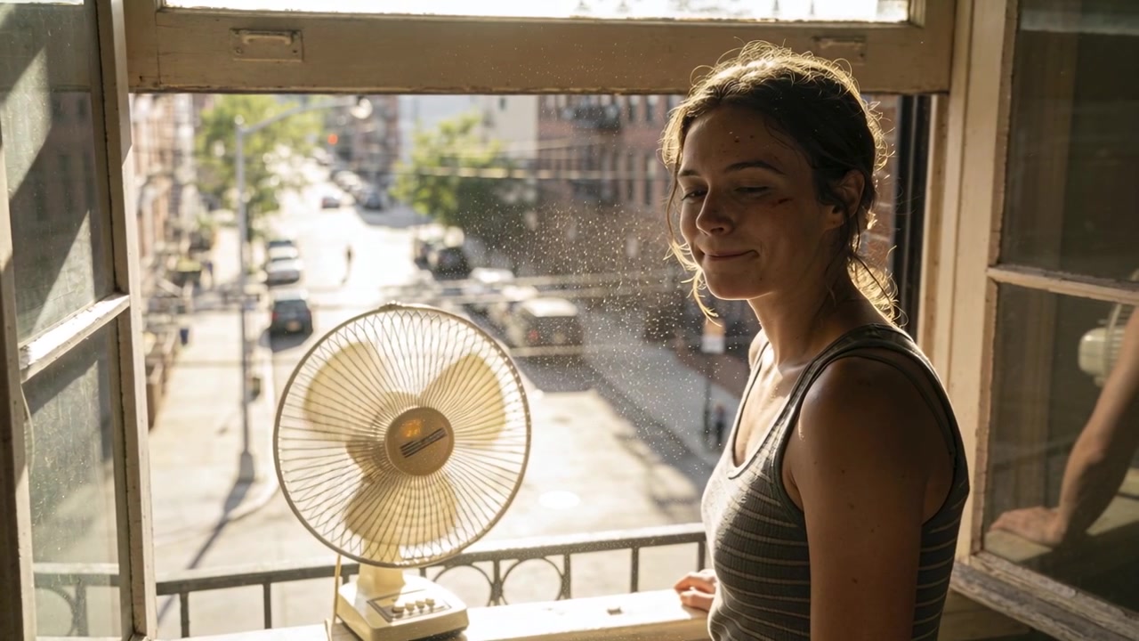 Breathing woman grey tank leaning at open apartment window, fan blowing breeze to cool, copy space