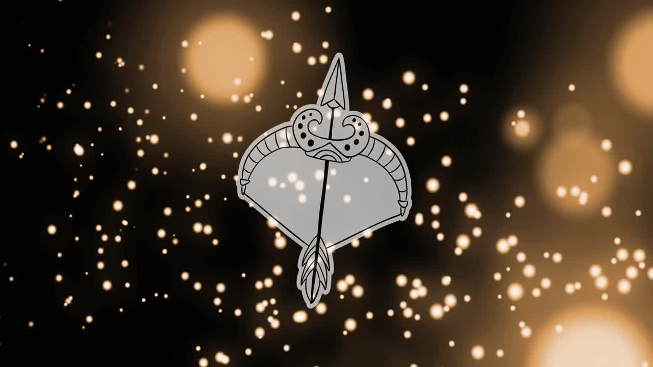 빛나는 입자 및 렌즈 플레어 위에 사지타리우스 조디악 기호의 활과 화살의 애니메이션