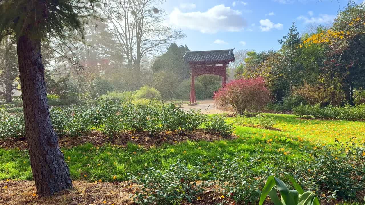 モーレパ公園の霧深い庭に、中国の伝統的な門が建っています。木々の間から太陽の光が差し込み、穏やかで魔法のような雰囲気を作り出しています。フランス、レンヌ。