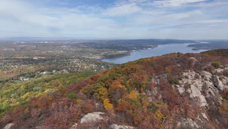 an aerial view above the mountains in upstate ny in autumn