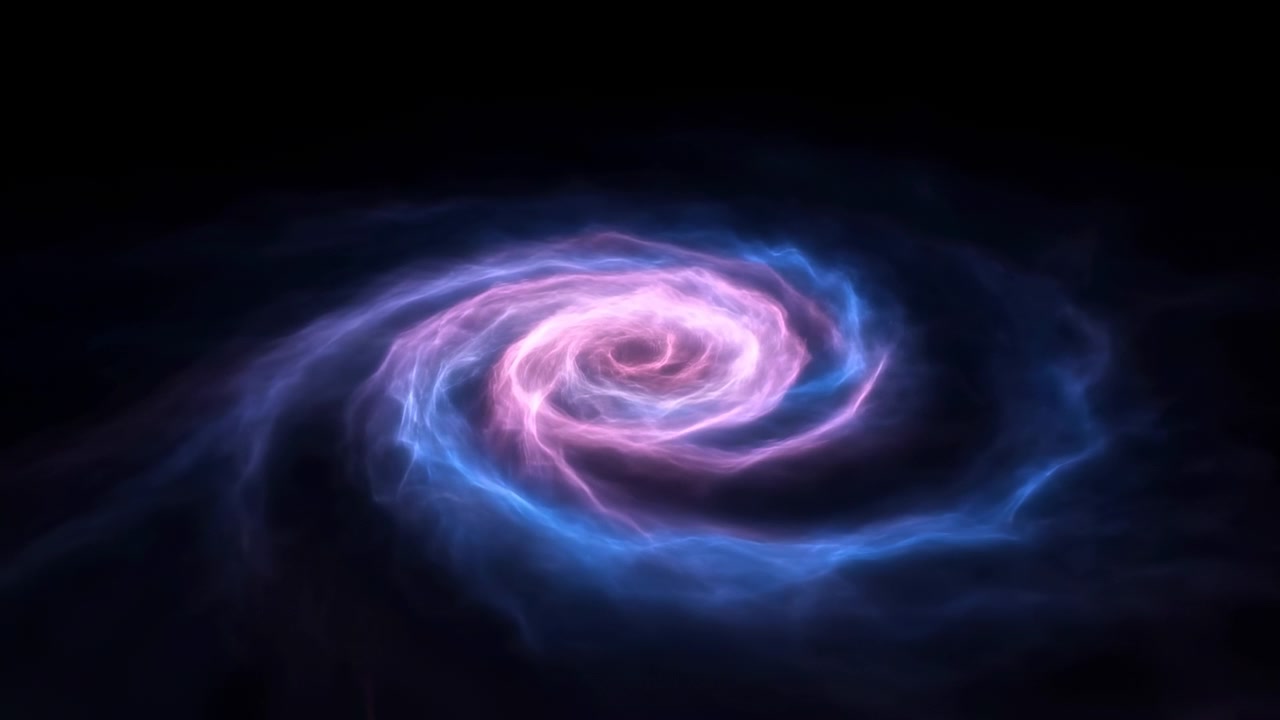Luminous pink and blue spiral energy vortex with smoky translucent filaments, radiant concentric loops, bright violet core, cyan glow, and deep black background