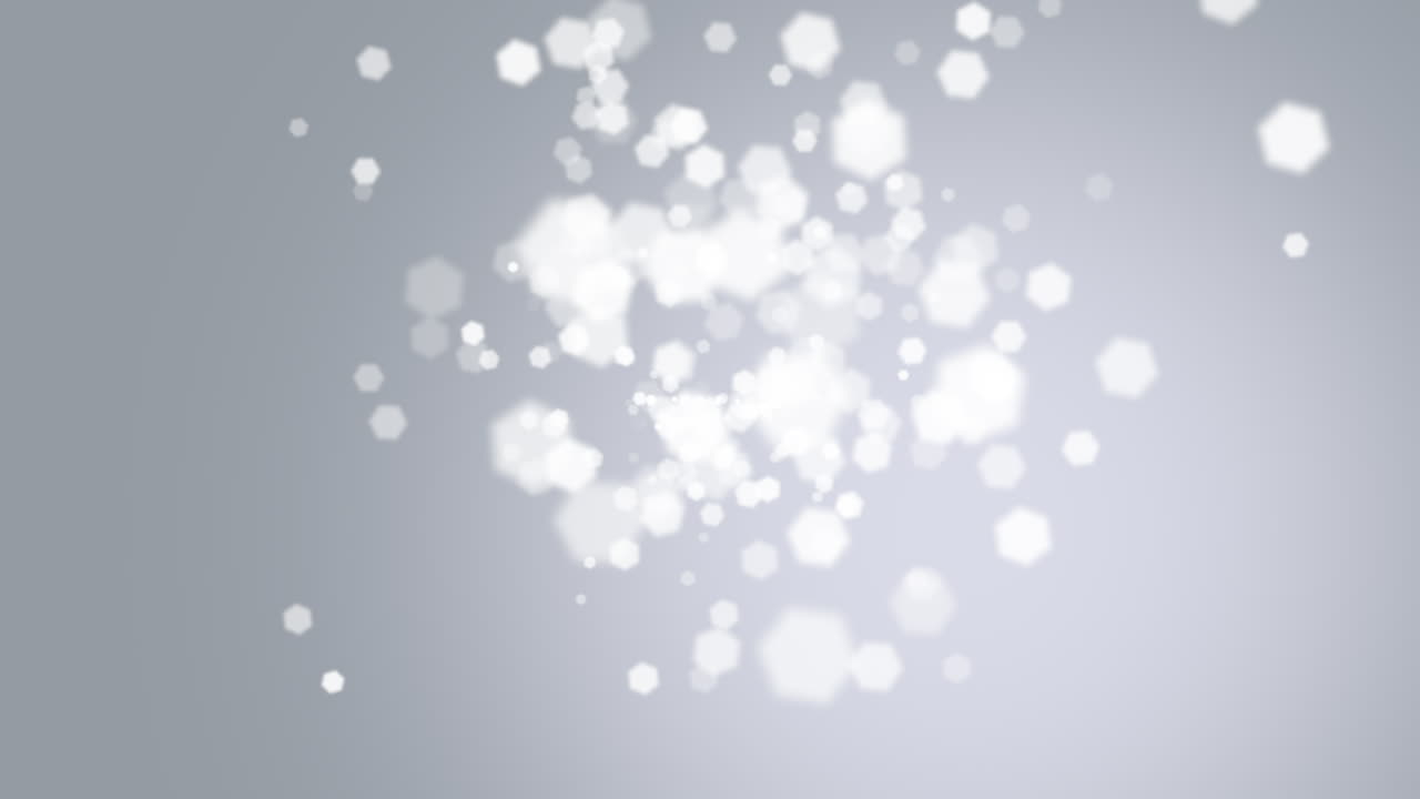 volar pequeñas partículas blancas y hexágonos bokeh sobre fondo brillante