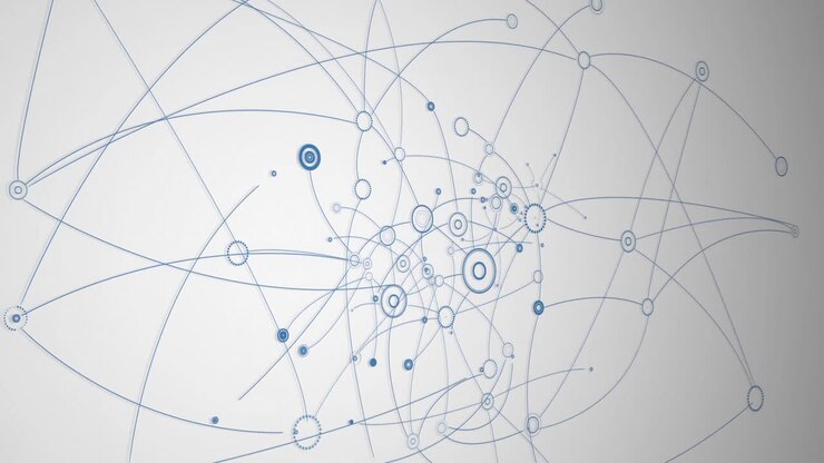 Animazione di una rete blu di connessioni con punti su sfondo grigio