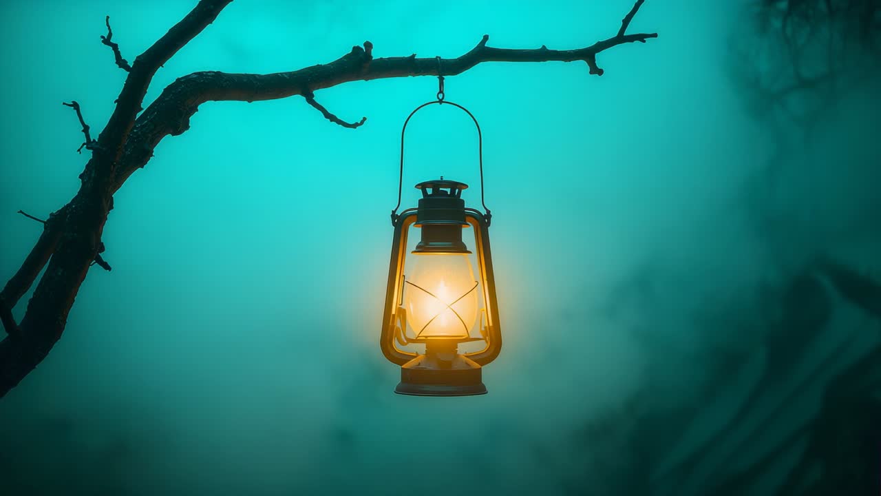 Swaying kerosene lantern hanging on tree branch in teal mist forest, flame flickering from breeze