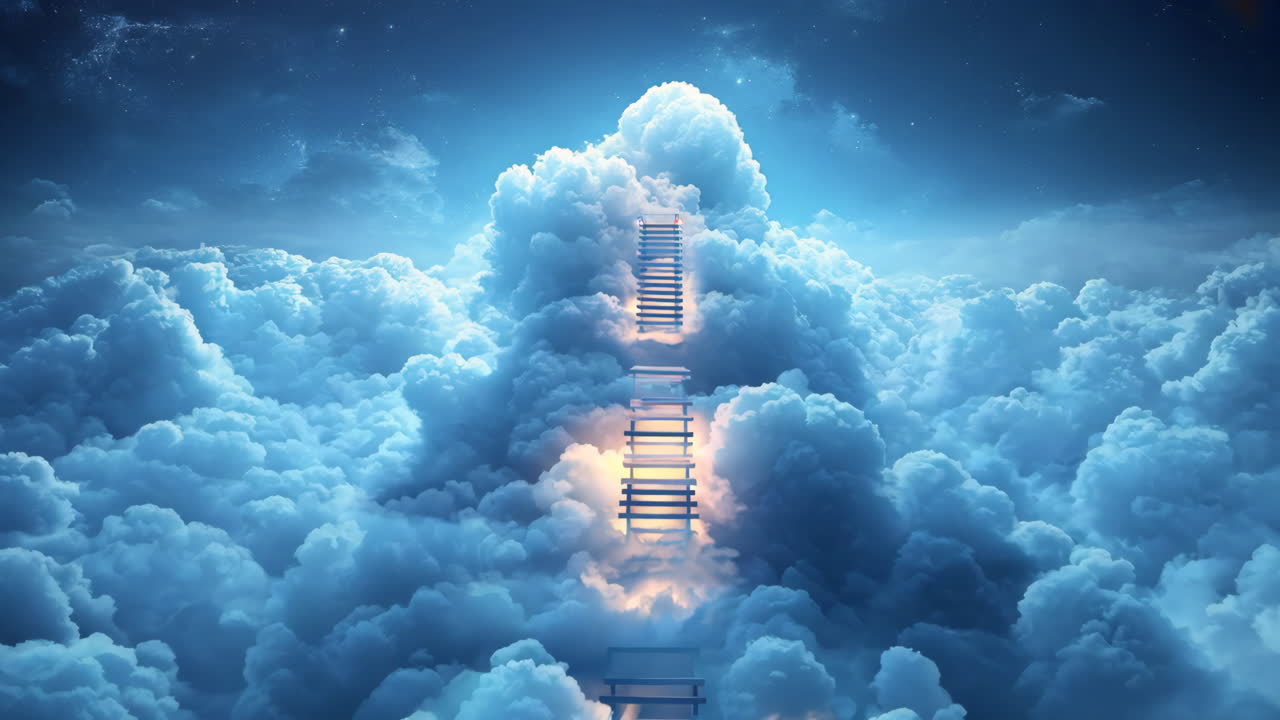 A blue sky with a staircase in the clouds. The staircase is made of clouds and he is a ladder