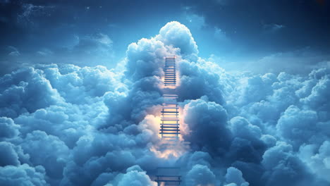 A blue sky with a staircase in the clouds. The staircase is made of clouds and he is a ladder