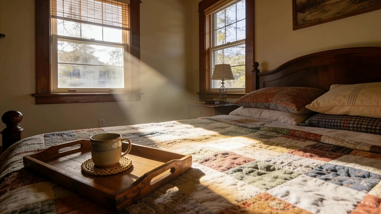 Luce solare mattutina che filtra e illumina una coperta dalla finestra sinistra in camera da letto, mettendo in risalto un vassoio con una tazza.