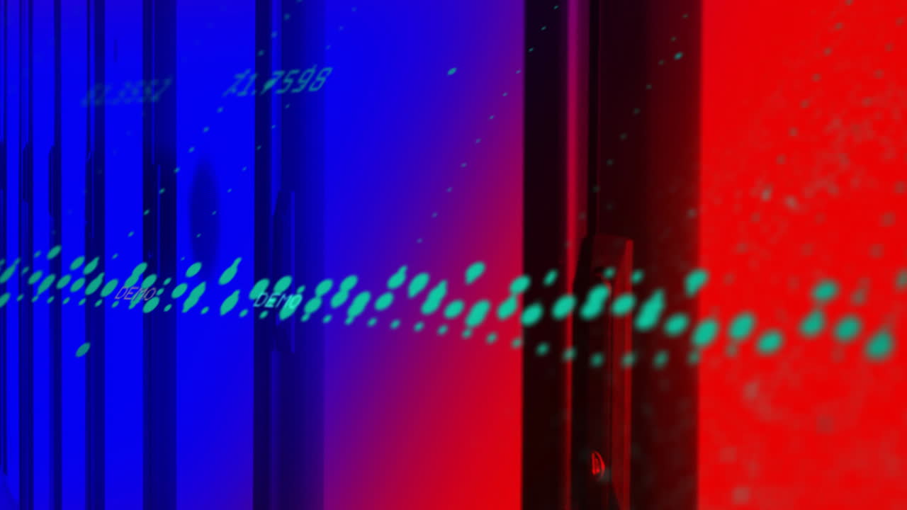 puntos de datos y números coloridos animación sobre fondo rojo y azul abstracto