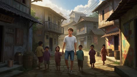 a young boy walking through a vibrant village, embraced by children, capturing the essence of friendship and community in a lively urban landscape