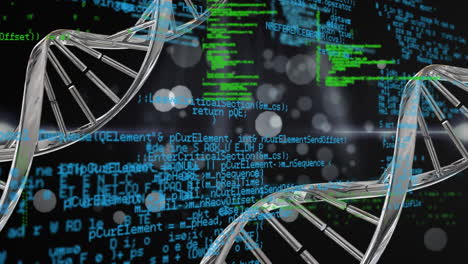 Animation of dna strand spinning over scientific data processing on black background