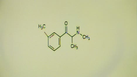 Signo-De-Composición-De-Estructura-Química-De-3-Mmc-Sobre-Fondo-Analógico,-Zoom-De-Falla