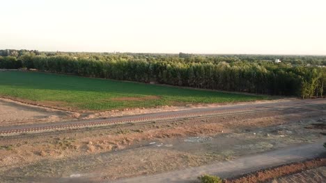 Weite-Luftaufnahme-Der-Eisenbahnlinie,-Reihe-Von-Ahornbäumen,-Zug-Auf-Der-Straße-Im-Sommer,-Sonnenuntergang,-Schatten,-Grüne-Szene-Und-Landschaft,-Landschaft-Des-Transports,-Landwirtschaft-In-Der-Natürlichen-Landwirtschaftlichen-Feldindustrie