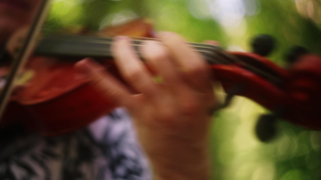 violinista caucásico golpea la cuerda con el arco al aire libre en el bosque, concierto sinfónico