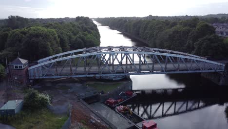 aerial descending view manchester ship canal victorian swing bridge warrington england