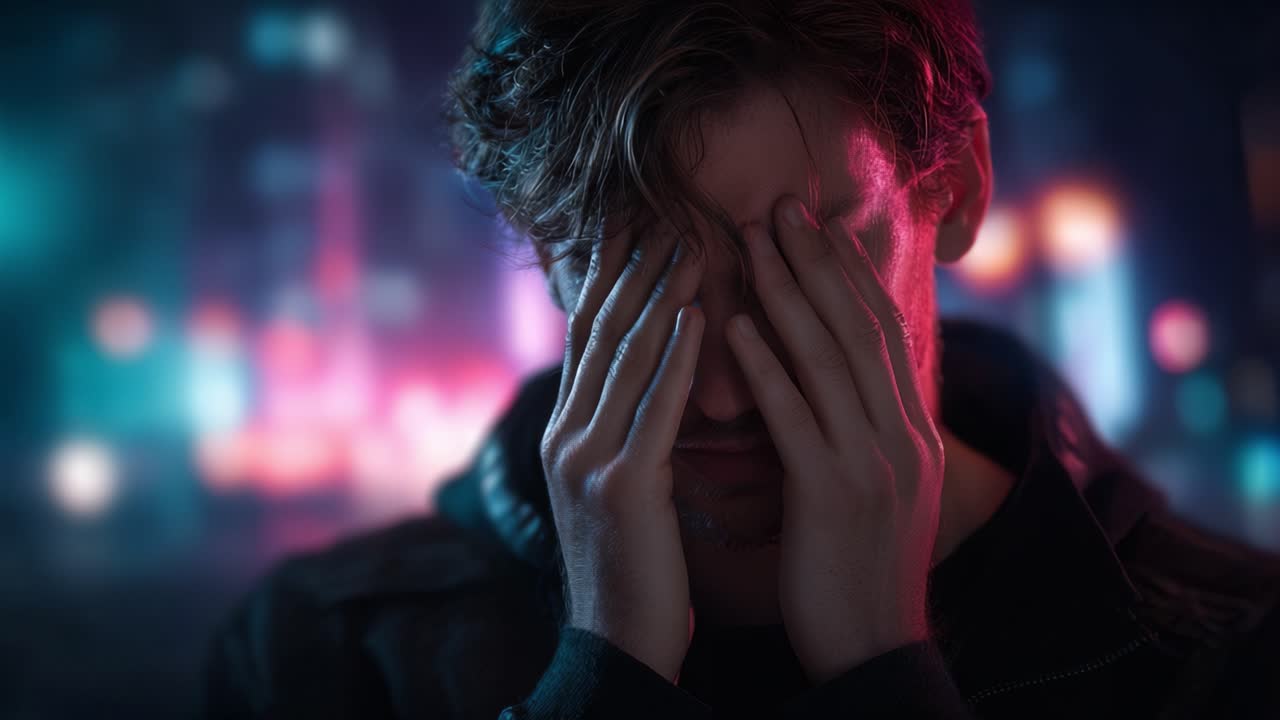 A Contemplative Figure in a Dark Urban Setting, Struggling with Internal Conflict, Expressing Emotion and Vulnerability Against a Background of Blurred City Lights