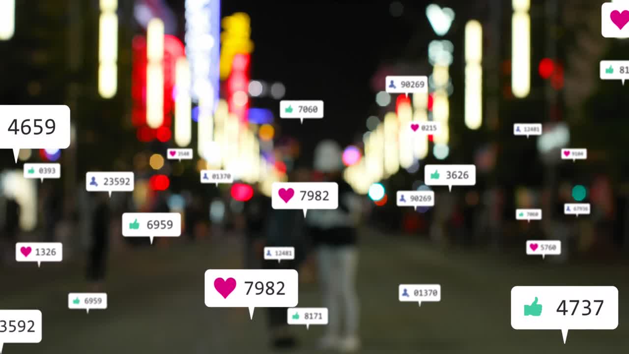 소셜 미디어 아이콘과 숫자의 애니메이션이 초점을 맞추지 않는 교통 신호등