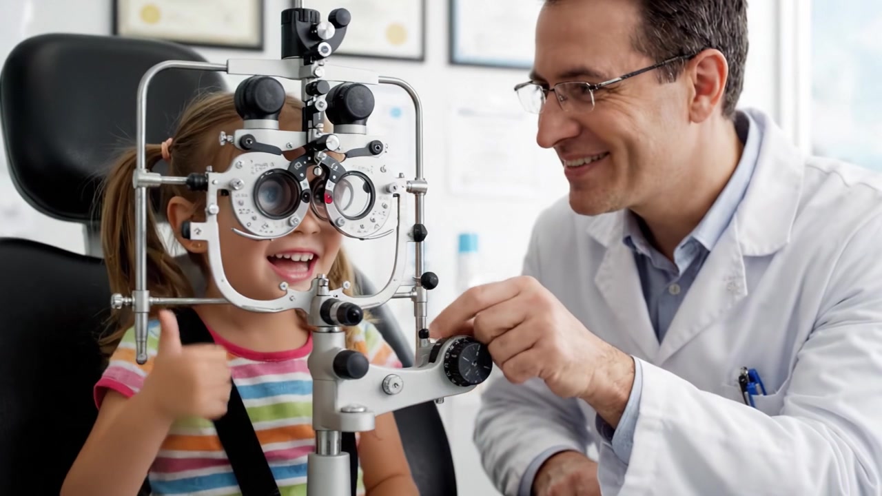 A Joyful Eye Examination: A Young Girl Engages with Her Doctor during a Fun and Educational Eye Test Session, Highlighting the Importance of Vision Care