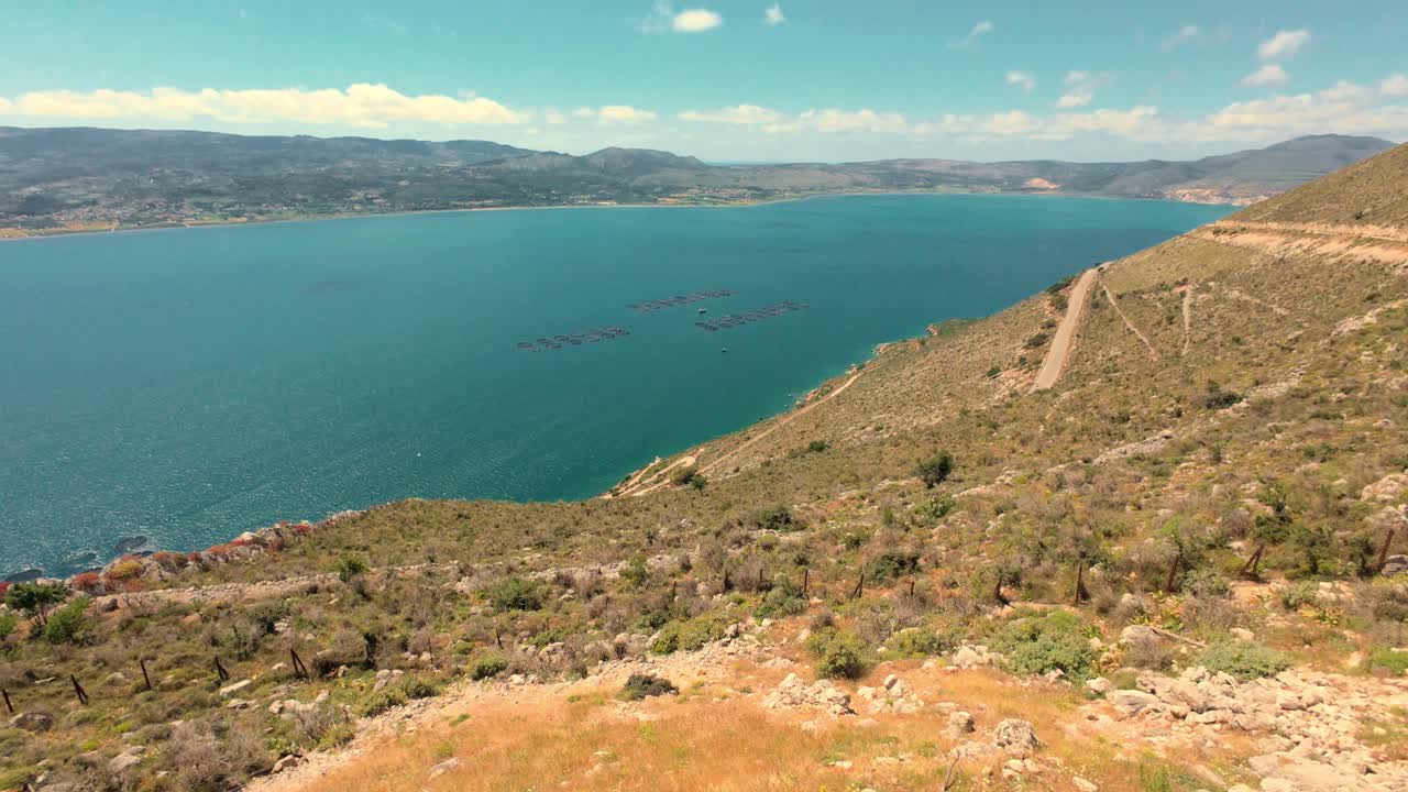 Aerial view of fish farms and sea pens aquaculture in Kefalonia Greece marine fish