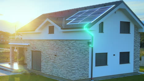 modern new construction of single-family house with photovoltaic system for power generation and storage in battery system