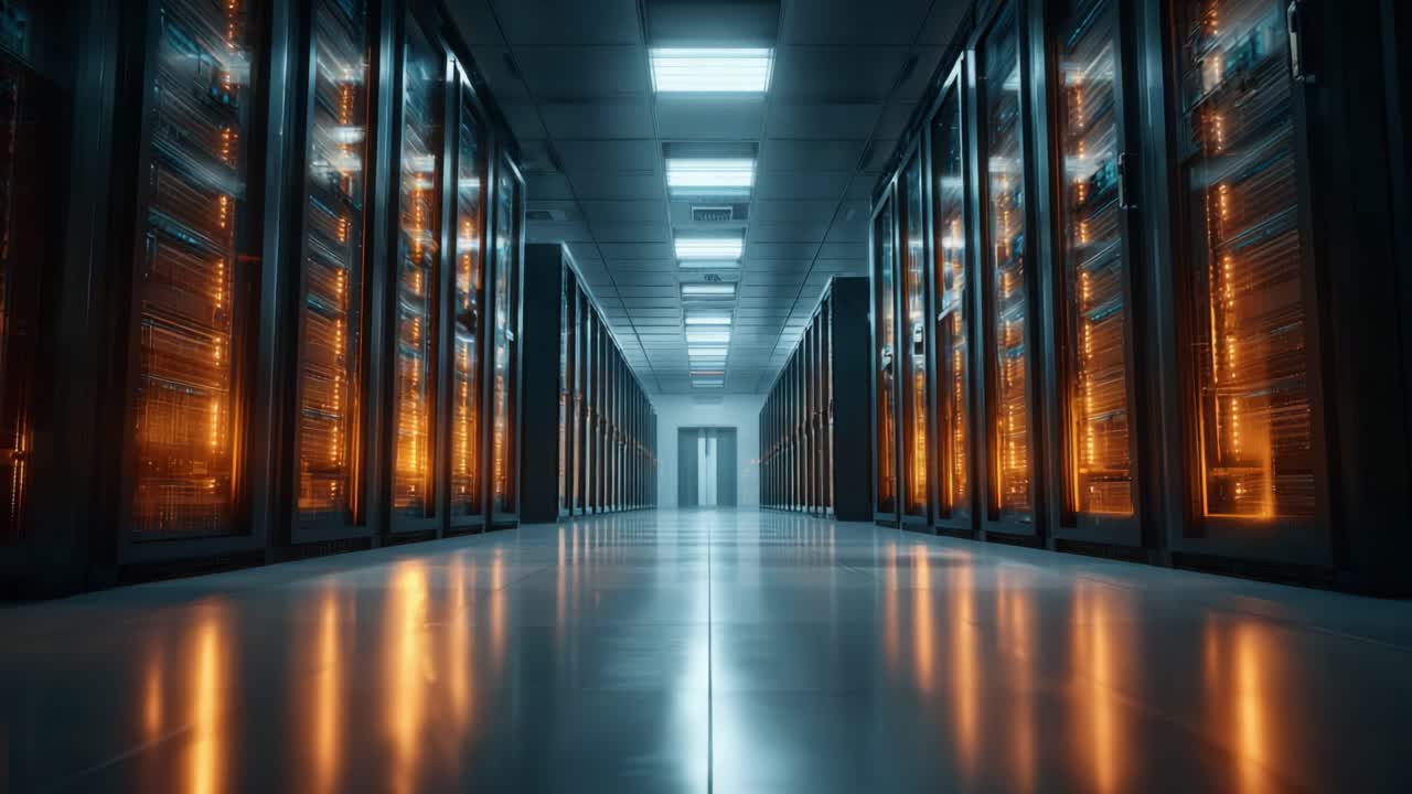 Et fængslende kig ned ad gangen i et moderne datacenter, der viser rækker af serverrack med glødende lys, der reflekteres fra det polerede gulv