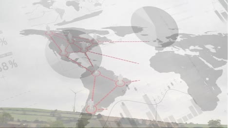 Animación-Del-Procesamiento-De-Datos-Estadísticos-Sobre-El-Mapa-Mundial-Contra-El-Paisaje-Con-Molino-De-Viento-Giratorio