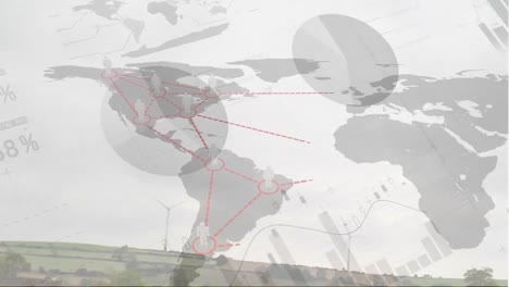 animación del procesamiento de datos estadísticos sobre el mapa del mundo contra el paisaje con molino de viento giratorio