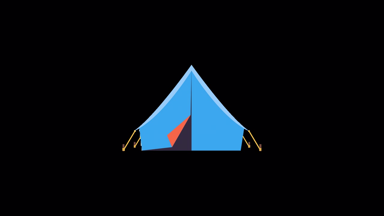 Icona animata di tenda da campeggio blu che appare e scompare