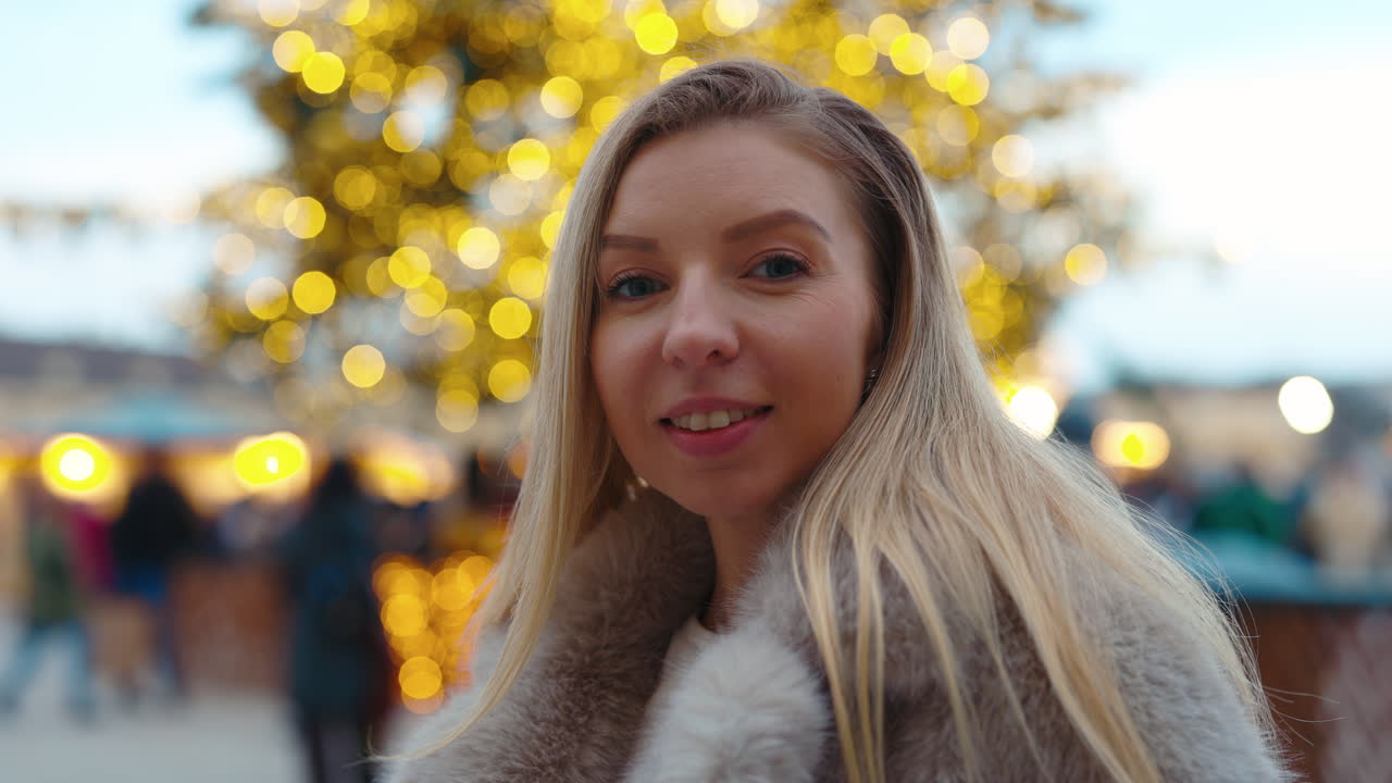 Blonde Woman in Fur Coat at Christmas Market