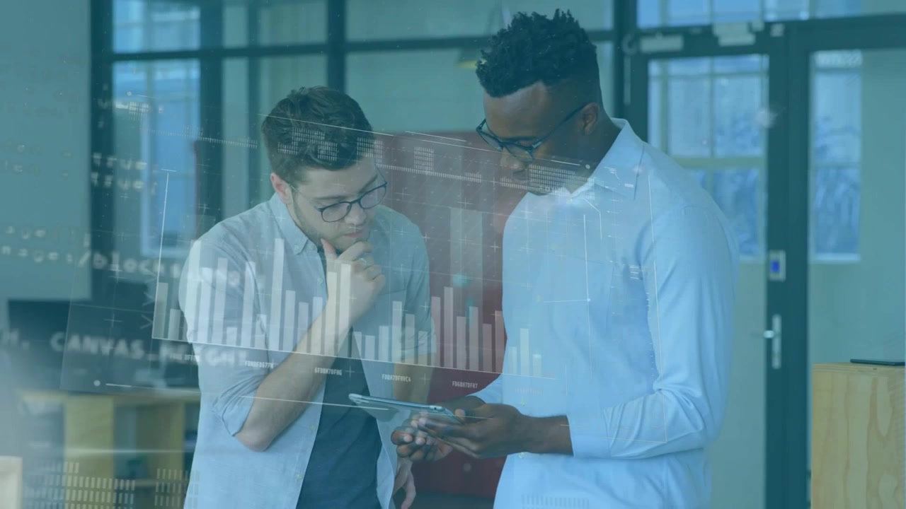 Animation of data processing over diverse business people in office