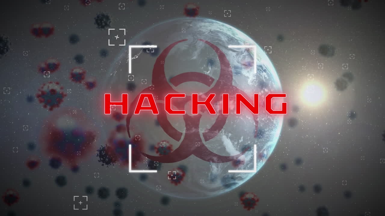 animación de virus que caen y texto de hacking en todo el mundo