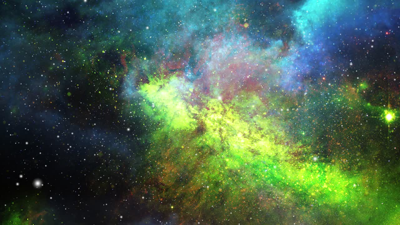 nebulose verdi e stelle in movimento nel vasto universo