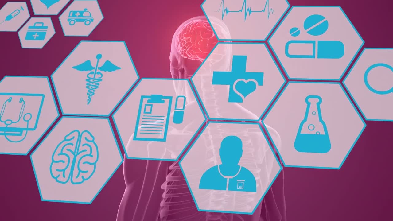 Animation of scientific icons in hexagons over human model on burgundy background