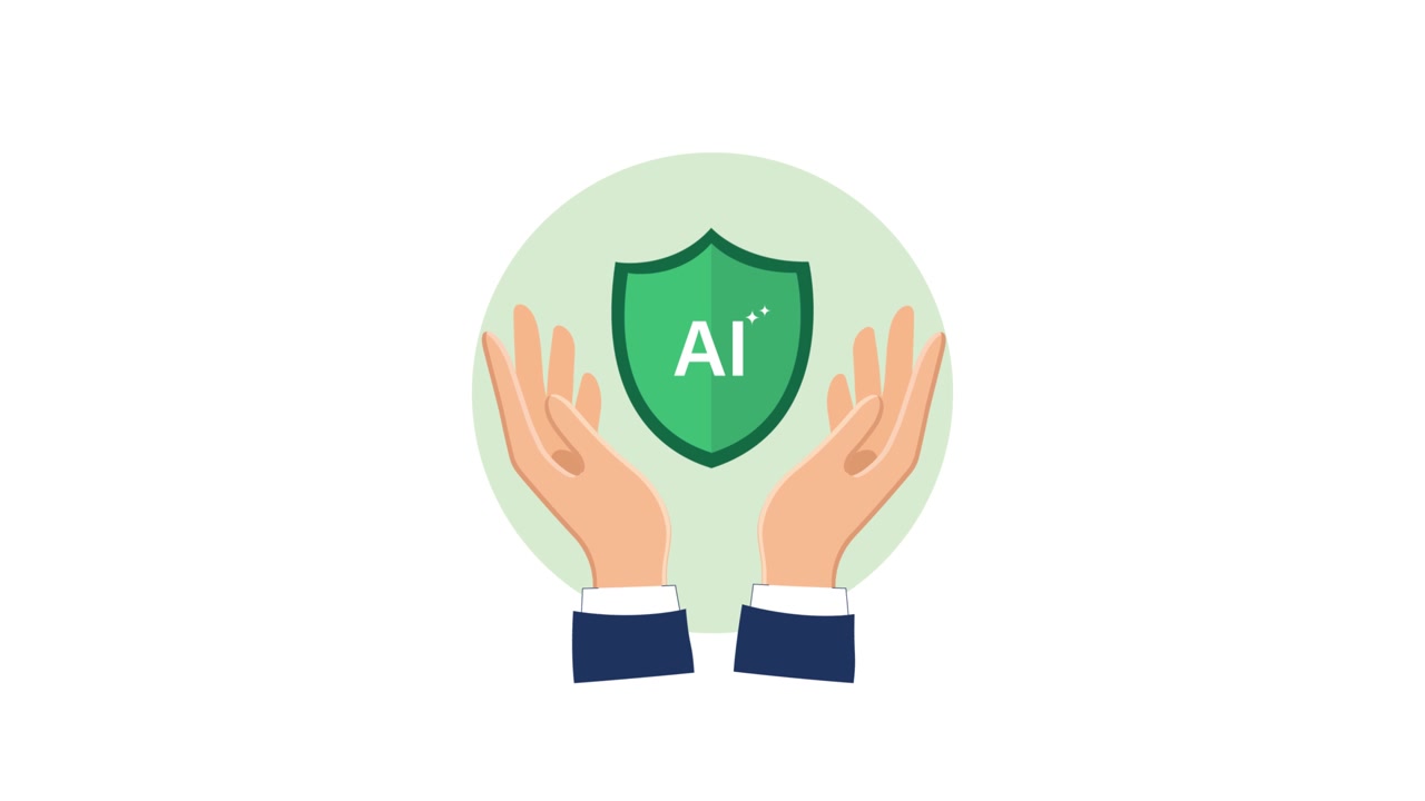 Mani che tengono un'icona a forma di scudo che rappresenta la sicurezza dell'intelligenza artificiale