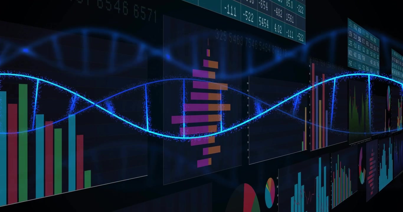 Animation of dna strand, data processing on black background
