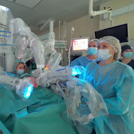 hospital with robotic technology equipment. surgery robot during operation in hospital
