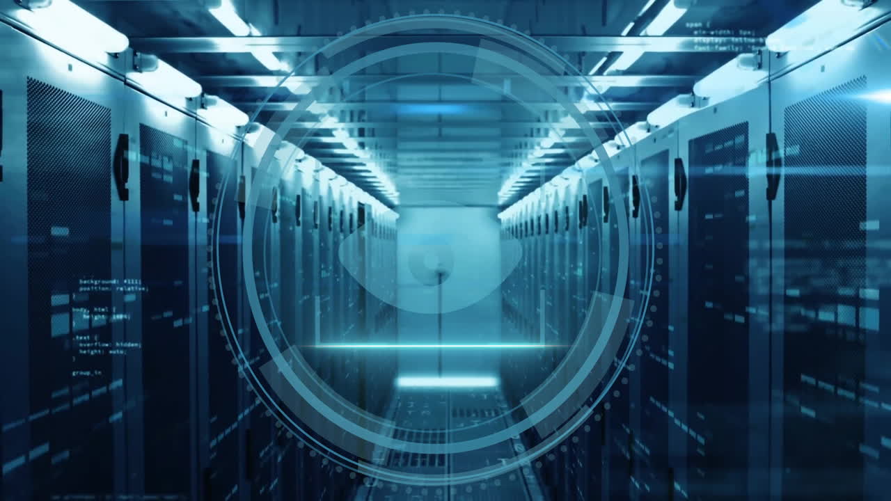 Animation of scope scanning with eye icon and data processing over server room