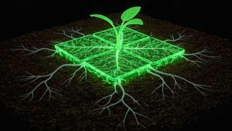 a futuristic representation of growth: illuminated plant roots intertwined with glowing tiles, highlighting the interconnectedness of nature and technology