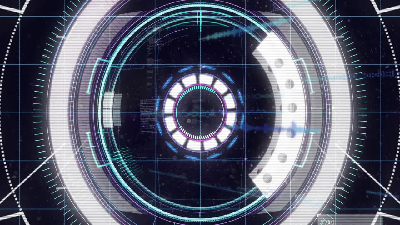 On startup central HUD evolving, rings brightening, arcs rotating, band filling for scan data