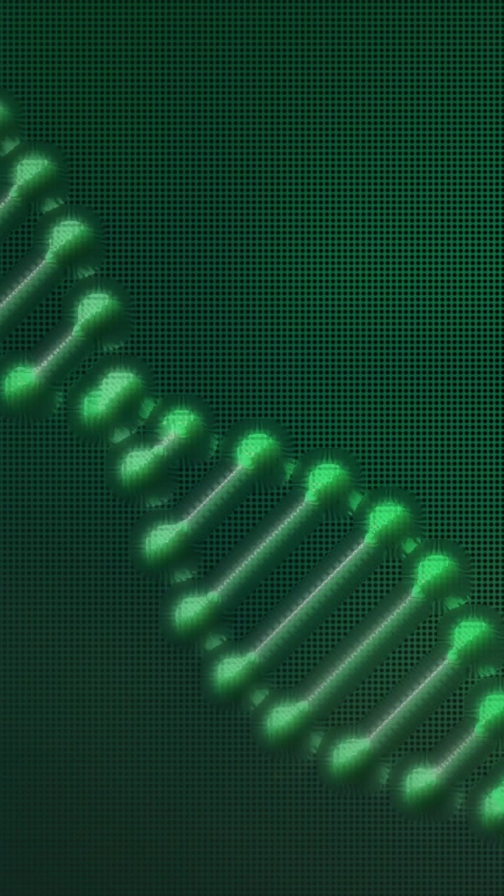 Vertical video: On play green helix shifting right and pulsing nodes over dark grid as background