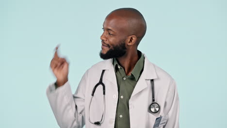 Happy-black-man,-doctor-and-pointing-to-list