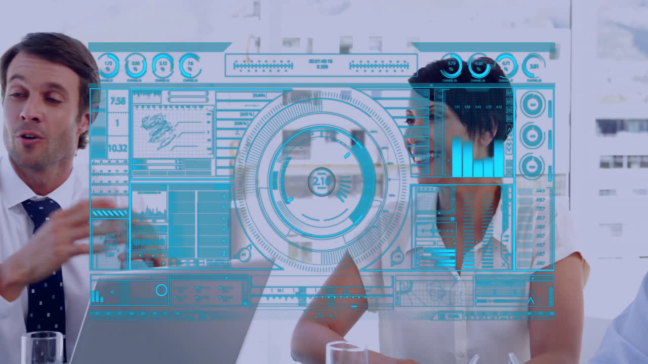 In office, diverse professionals discussing business with futuristic data animation overlay