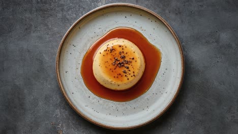 delicious caramel flan dessert on a rustic ceramic plate