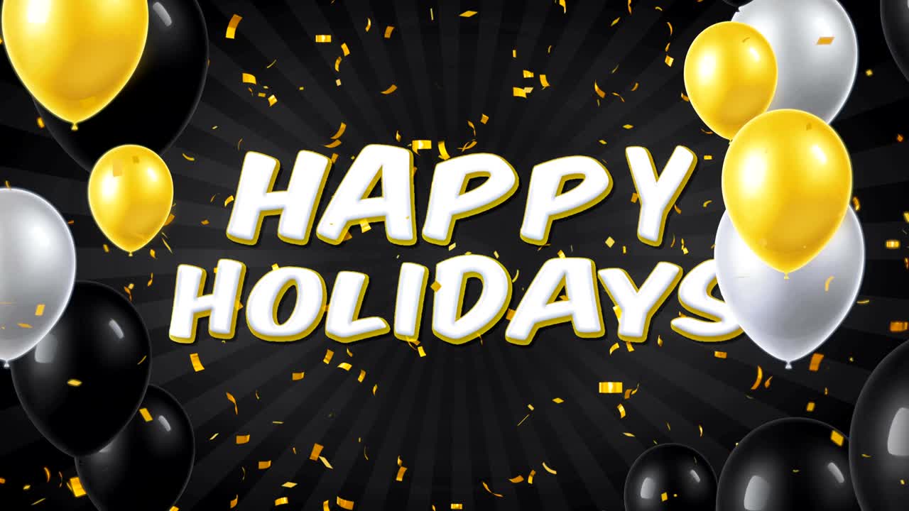 Happy Holidays Text Appears on Confetti Popper Explosions Falling and Glitter Particles, Colorful Flying Balloons Seamless Loop Animation.