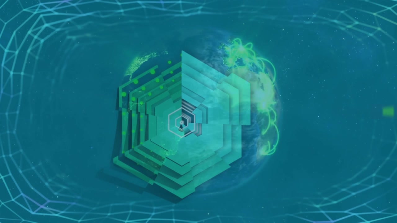 Animation of rainbow lens flare over abstract shapes and green light trails over spinning globe