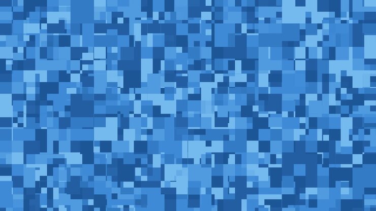 Motivo a mosaico digitale pixelato blu, design geometrico quadrato astratto, animazione di sfondo con estetica tecnologica moderna